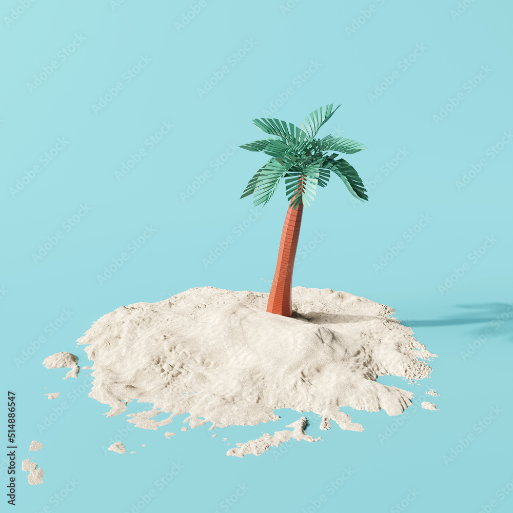 Wall mural sand beach with palm tree on blue background. summer scene. 3d rendering