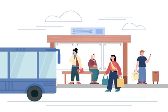 Public transport station with people waiting bus, vector illustration isolated.