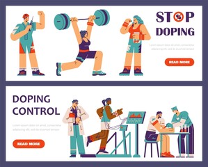 Doping control with athletes undergoing medical tests, flat vector illustration.