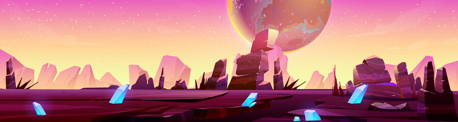 Mars landscape, alien planet background, purple desert surface with mountains, blue cristals and stars shine on pink sky. Martian ground surface, scenery game backdrop, cartoon vector illustration © klyaksun