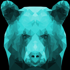 Naklejka premium Bright aqua polygonal, crystal abstract wild bear face on black background. Desktop wallpaper, screen print. 