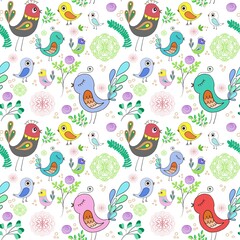 Seamless bright multi-colored pattern of birds in love and flowers on a light background. Design template for wallpaper, fabric or web page.