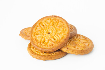 Cookies on white background. Danish butter cookie isolated on white background. homemade chips  cookies, top view, copy space for text.