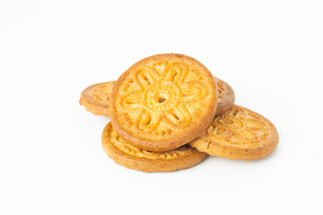 Cookies on white background. Danish butter cookie isolated on white background. homemade chips  cookies, top view, copy space for text.