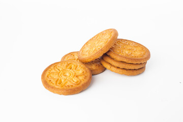 Cookies on white background. Danish butter cookie isolated on white background. homemade chips  cookies, top view, copy space for text.