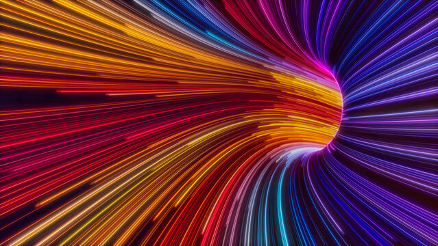 Orange, Pink and Turquoise Colored Streaks form Abstract Swoosh Tunnel. 3D Render.