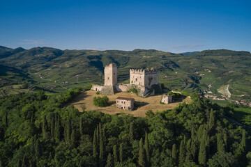 Fototapeta na wymiar Medieval castle on a hill aerial view. An ancient castle in Italy surrounded by vineyards is a point of interest. Scaliger Castle of d'Illasi in the province of Verona, built in the 10th century.