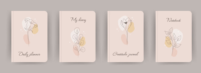 Cover page notebook collection. Templates with abstract flowers in one line drawing style. Perfect for diary, books, magazines, journals, catalogs, planners and flyers. Vector layouts.