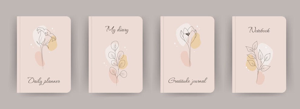 Cover page notebook collection. Templates with abstract flowers in one line drawing style. Perfect for diary, books, magazines, journals, catalogs, planners and flyers. Vector layouts.