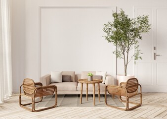 Scandinavian minimalist living room interior background with blank white wall and sofa set.3d rendering