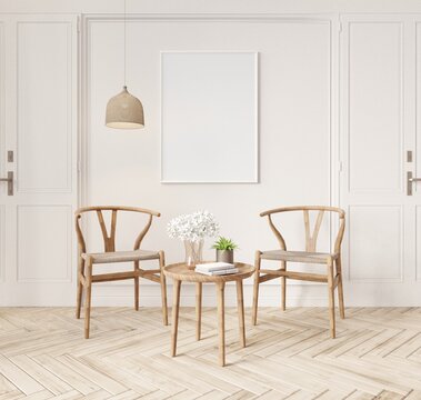 Mock white frame and background in a simple Scandinavian living room with chair set.3d rendering