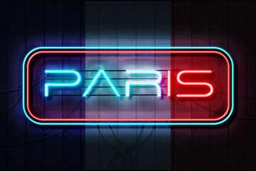 Paris neon sign on a Dark Wooden Wall 3D illustration with French flag background.