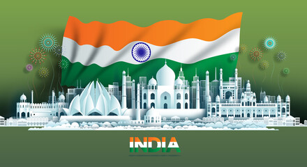 Anniversary celebration independence India day and travel landmarks India city. - 514888787