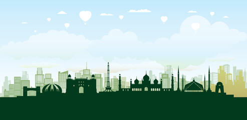 Travel landmark of Pakistan skyline in silhouette vector isolated cityscape.