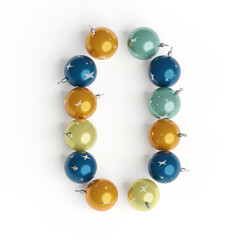 Number 0 made from Christmas balls. Christmas or New Year font made from Christmas toys. 3d render. White background. Winter font. 
