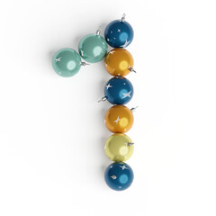 Number 1 made from Christmas balls. Christmas or New Year font made from Christmas toys. 3d render. White background. Winter font. 