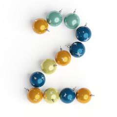 Number 2 made from Christmas balls. Christmas or New Year font made from Christmas toys. 3d render. White background. Winter font. 