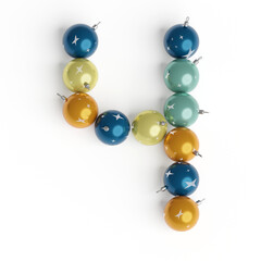Number 4 made from Christmas balls. Christmas or New Year font made from Christmas toys. 3d render. White background. Winter font. 