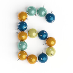 Number 6 made from Christmas balls. Christmas or New Year font made from Christmas toys. 3d render. White background. Winter font. 
