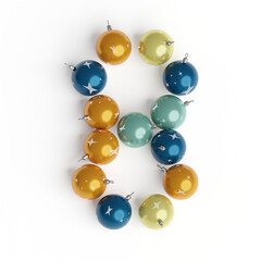 Number 8 made from Christmas balls. Christmas or New Year font made from Christmas toys. 3d render. White background. Winter font. 