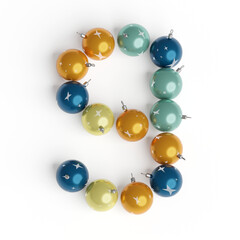 Number 9 made from Christmas balls. Christmas or New Year font made from Christmas toys. 3d render. White background. Winter font. 