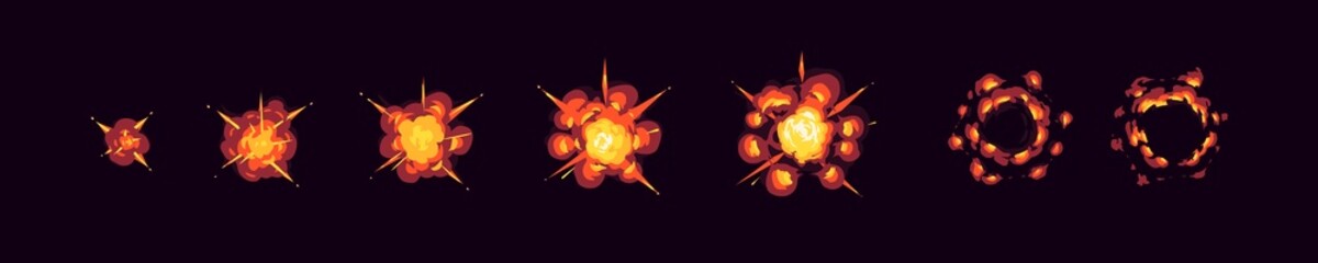 Animation sprite sheet of bomb explosion sequence. Vector 2d cartoon set of blast effect from dynamite or rocket hit, burst with fire isolated on black background - obrazy, fototapety, plakaty