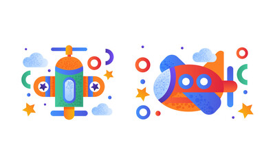 Aero Vehicle Icon with Plane and Helicopter Colorful Pictogram Vector Set