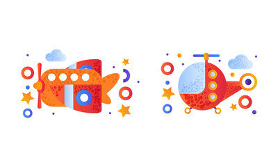 Naklejka premium Aero Vehicle Icon with Plane and Helicopter Colorful Pictogram Vector Set