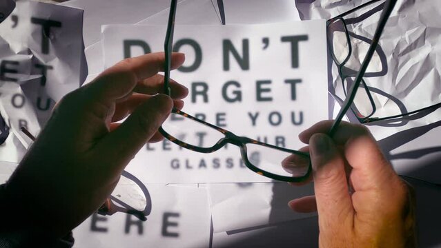 Blurry view of hands looking for for reading glasses. After finding a pair, the man picks them up and puts them on his face to reveal a clearer text.