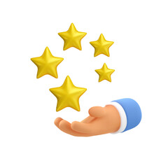 3d review icon. Vector gold positive customer experience illustration isolated on white background. Online feedback concept, hand hold five stars - 514889555