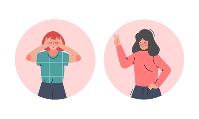 Fototapeta premium Happy Female Showing V Sign and Binoculars Positive Hand Gesture in Circular Frame Vector Set