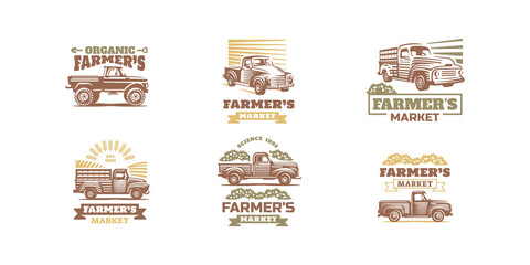 Farmer market posters with vintage pickup truck drawing in etching style. Vector flyers set with engraving illustrations of classic farm car, rustic lorry isolated on white background - obrazy, fototapety, plakaty