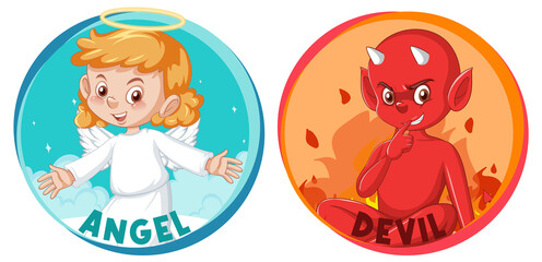 Devil and angel cartoon character on white background