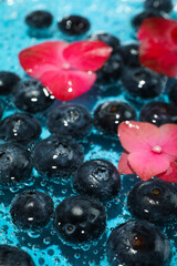 Concept of fresh summer fruits, blueberry in water