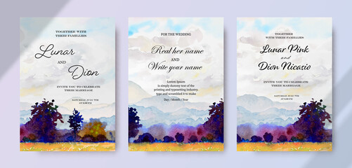 Wedding invitation card set watercolor landscape paintings sky cloud tree and mountain range.