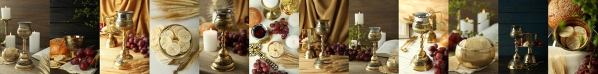 Obraz na płótnie Canvas Photo collage of Eucharist concept with different accessories