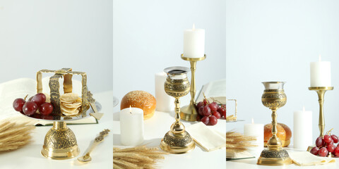 Photo collage of Eucharist concept with different accessories