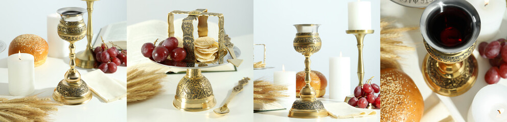 Photo collage of Eucharist concept with different accessories