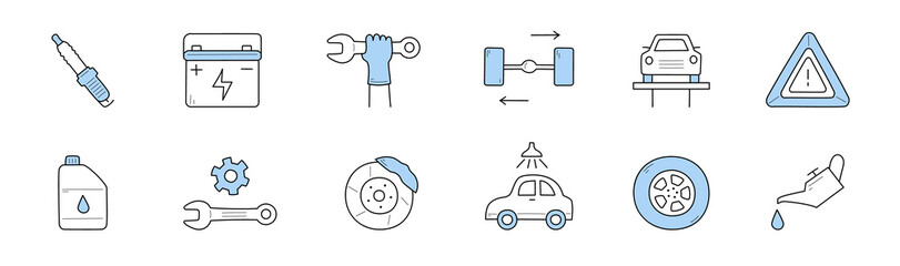 Car service doodle icons, vector signs spark plug, accumulator, hand with wrench and wheels. Auto on elevator, warning sign, fuel station, lubricator with oil and gears. Line art vector illustrations - obrazy, fototapety, plakaty