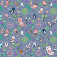 Naklejka na ściany i meble Seamless bright multi-colored pattern of birds in love and flowers on a light background. Design template for wallpaper, fabric or web page.