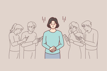 Young woman in people crowd using cellphone feeling lonely and isolated. Unhappy frustrated female separated from group with smartphones. Gadget addiction. Vector illustration. 