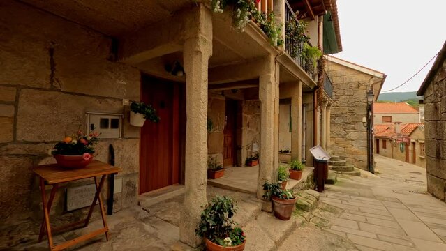 Majestic home entrance in town of Combarro, motion gimbal orbit view