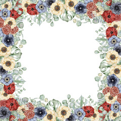 Watercolor frame with anemone flowers, eucalyptus and monstera leaves. Hand drawn illustration