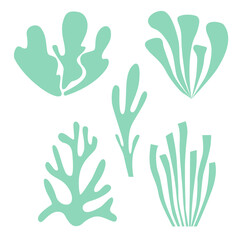 A set of marine icons, including various algae, seaweed, corals