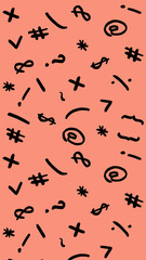 pattern with the image of keyboard symbols. Punctuation marks. Template for applying to the surface. Vertical image. pastel red background