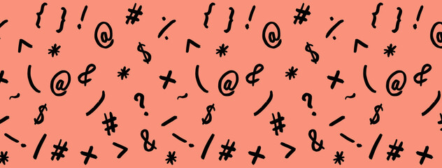 pattern with the image of keyboard symbols. Punctuation marks. Template for applying to the surface. Banner for insertion into site. pastel red background