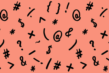 pattern with the image of keyboard symbols. Punctuation marks. Template for applying to the surface. pastel red background