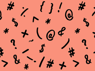 pattern with the image of keyboard symbols. Punctuation marks. Template for applying to the surface. pastel red background