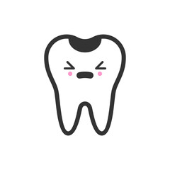 Caries tooth with emotional face, cute vector icon illustration