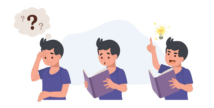 confused kid and understand or found answer.boy reading book then got some idea.Flat vector cartoon illustration